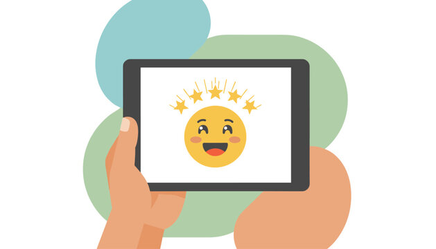 Close-up of a hand holding a tablet displaying a happy emoji with five golden stars above, representing excellent service rating and customer satisfaction, perfect for online reviews and feedback