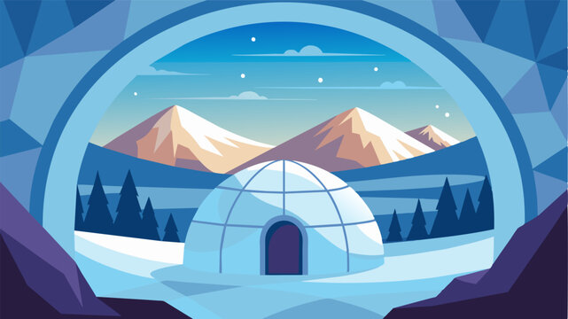 A view of the breathtaking snowy landscape through the igloos window reminding the nomad of the beauty of their nomadic lifestyle.. Vector illustration