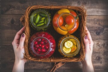 Homemade glass jars of pickled fresh cucumbers, juicy tomatoes, sweet zucchini in a wicker box on a wooden background. Stock of food. Autumn concept. Top view food photography
