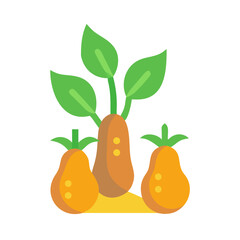Stylized cartoon illustration of two yellow pears and a growing plant