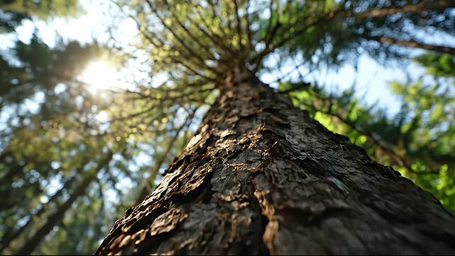 Looking up at a tall tree, the rough bark reveals intricate details while sunlight filters through the vibrant green leaves. This tree stands in a serene forest, showcasing natural