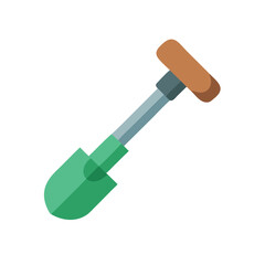 Isolated flat vector shovel illustration with brown handle and green scoop tool