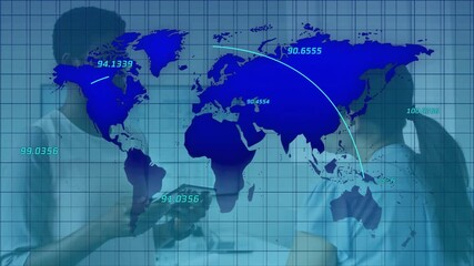 Healthcare team tapping tablet, showing transparent map with labels and arcs for global transfers - Powered by Adobe