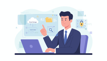 Modern business professional interacting with a futuristic interface displaying cloud storage, audit trails, and security lock icons, representing digital transformation and data management concepts