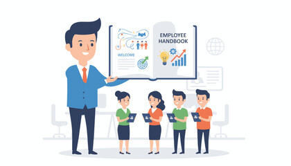 A friendly male instructor presents an open employee handbook to a diverse group of new staff members, illustrating onboarding and corporate training concepts with icons for welcome, teamwork, and