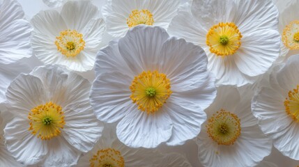 Fototapeta premium Pristine White Poppy Array: Delicate Petals and Golden Centers in Soft Light