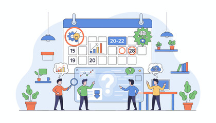 Business planning and strategy illustration with people analyzing calendar dates, charts, and graphs, symbolizing teamwork, project management, and important event marking for successful business