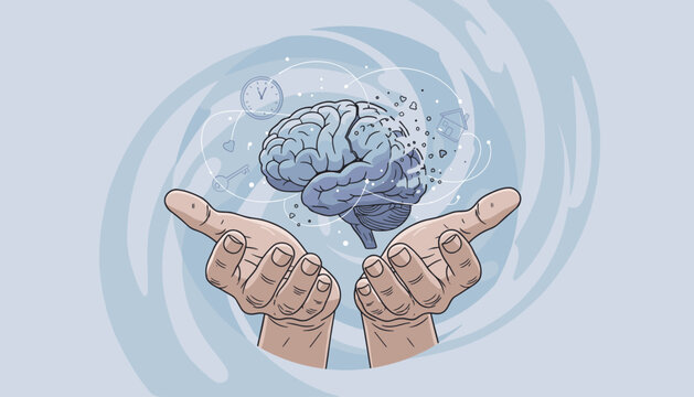 Conceptual illustration of elderly hands gently cradling a human brain, symbolizing memory, cognition, and the delicate nature of mental health, with abstract elements representing thoughts, time - Powered by Adobe