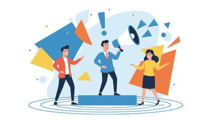 Dynamic illustration of three business professionals engaged in communication, with one man holding a megaphone and making an important announcement or warning, surrounded by abstract geometric