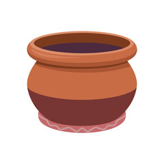 Clay pot filled with dark liquid sitting on a patterned mat terracotta earthenware vector illustration.