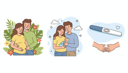 Joyful young couple celebrates impending parenthood with a pregnant woman cradling her belly, followed by a loving embrace with their newborn baby, and a positive pregnancy test symbolizing new life