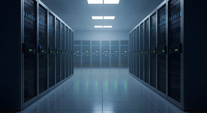 Rows of server racks fill a cool, blue-lit room. Equipment panels glow, perspective emphasizing depth