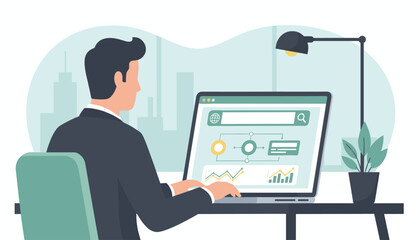 Modern businessman in a suit working on a laptop, analyzing data and charts on screen, with a search bar and flow diagram, in a contemporary office setting with city skyline view, representing online