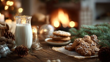 Cookies with milk on a Christmas table by the fireplace