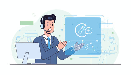 Modern flat illustration of a friendly male customer service representative wearing a headset and suit, gesturing towards a digital interface displaying a wrench and plus sign icon, symbolizing