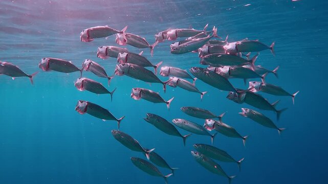 Striped mackerel or Indian mackerel, Rastrelliger kanagurta shoal swims upward with open mouths filtering for zooplankton in turquoise water below surface and sparkle in rays of sun, Slow motion 