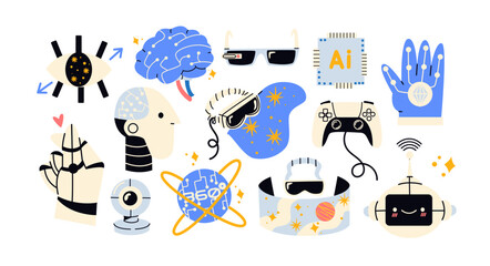 Artificial intelligence elements in retro cartoon. Robots, VR glasses, cameras, technology, futuristic vibe, 90s tech aesthetic, illustration in retro cartoon style, trendy stickers