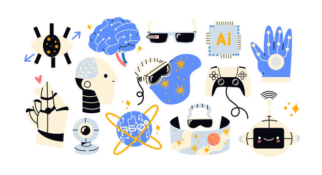 Artificial intelligence elements in retro cartoon. Robots, VR glasses, cameras, technology, futuristic vibe, 90s tech aesthetic, illustration in retro cartoon style, trendy stickers