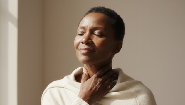 Mature Black woman touching her neck with her eyes closed. Menopause symptoms and self-care concept. Portrait of contentment and wellness in soft natural light