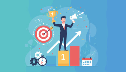 Successful businessman celebrating victory with a trophy and megaphone, standing on a podium, symbolizing achievement and business goal success, with a target, gears, calendar, and upward trending