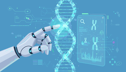 Futuristic AI robot hand interacting with a glowing digital DNA helix and chromosome data on a futuristic interface, representing advancements in biotechnology, genetic research, and artificial
