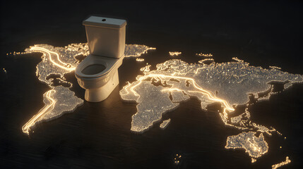 Glowing world map with toilet symbolizing global sanitation awareness and clean water access for World Toilet Day
