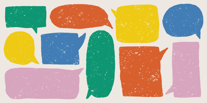 Bright colorful doodles and crayon borders in sketch style, naive funny speech bubbles, text box chalkboard frame and joyful childlike shapes.