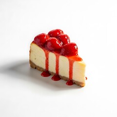 Delicious strawberry cheesecake slice on white background showcasing creamy texture and vibrant red glaze