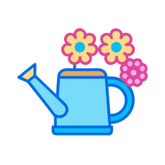 Cute watering can with flowers against a black background in flat illustration