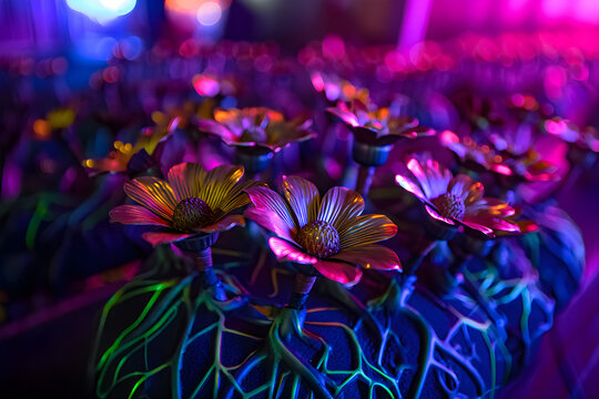 Cyber Garden of Glowing Metallic Flowers