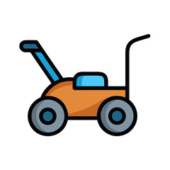 Illustrated lawn mower on black background. Concept of gardening, lawn care.