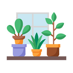 Stylized potted plants on a shelf in front of a window illustration