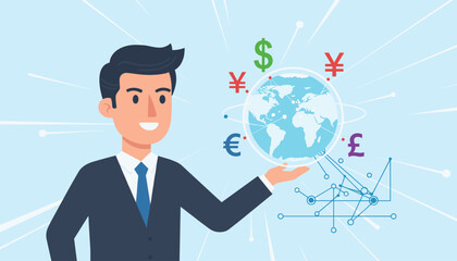 Smiling businessman in a suit presenting a glowing globe with international currency symbols like dollar, euro, yen, and pound, representing global finance, exchange rates, and economic connections