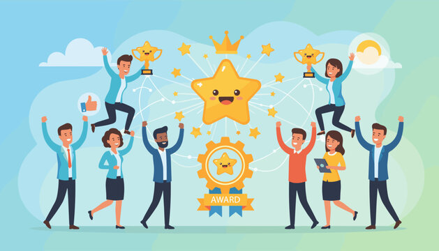 Vibrant illustration of a diverse team celebrating success and achievement with trophies, stars, and a prominent golden star at the center, symbolizing employee engagement, commitment, and motivation