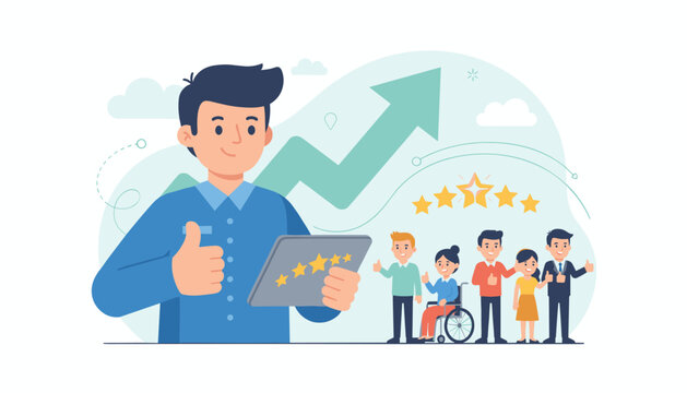 Positive employee survey and customer review rating performance with a businessman showing a thumbs up and a tablet displaying stars, alongside a diverse group of happy people, including someone in a - Powered by Adobe