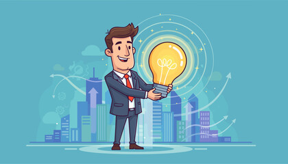 Fototapeta na wymiar Enthusiastic businessman in a suit holding a bright, glowing lightbulb, symbolizing innovation and new ideas, with a cityscape and upward trending arrows in the background, representing business