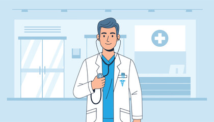 A friendly male doctor wearing a white lab coat and blue scrubs, holding a stethoscope in his hand, standing in a modern clinic or hospital reception area with glass doors and a medical cross symbol
