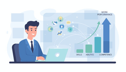 Modern flat illustration of a businessman working on a laptop, analyzing work performance with skills, abilities, and competence visualized through growth charts and icons, symbolizing career