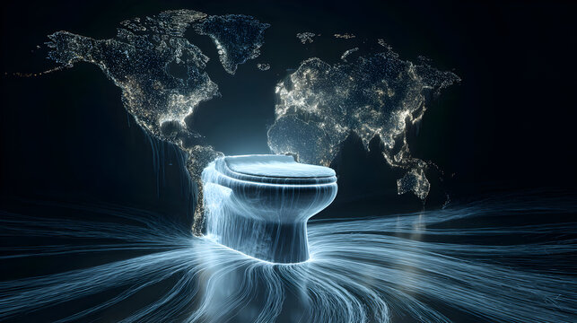 Digital concept of toilet and world map made of light showing global sanitation awareness for World Toilet Day
