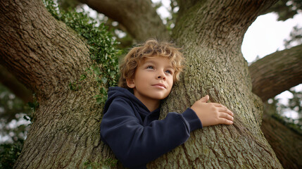 Child hugging tree outdoors