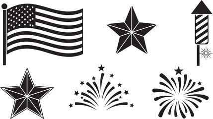 Obraz premium American flag stars fireworks and rocket silhouette set for patriotic celebration designs