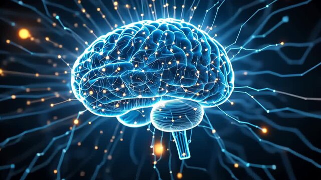 Glowing digital human brain with neural connections visualized on dark background with electric energy pulses. Concept of artificial intelligence and neural networks - Powered by Adobe