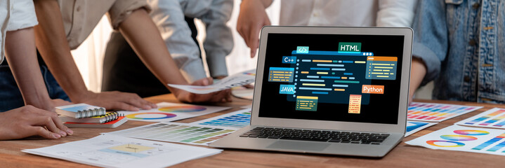 Software development or programming work with coding screen of various programming languages like HTML, , , and C brisk for new application development