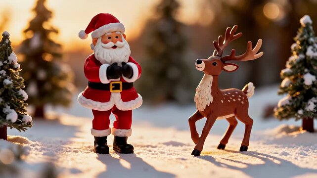 Festive animation of santa claus dancing with a friendly reindeer in snowy winter forest