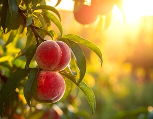 Close-up of two fuzzy, ripe fruit with green leaves bathed in sunlight