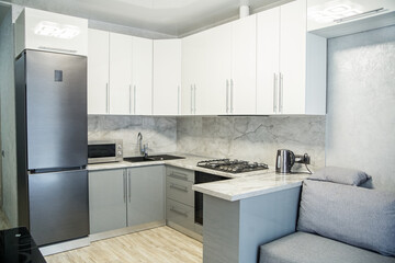 Contemporary kitchen interior with gray and white decor