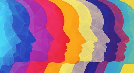 Silhouette heads in various colors overlapping, creating a spectrum effect with geometric patterns, suggesting diversity and interconnectedness