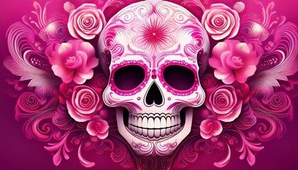 Fototapeta premium elegant sugar skull motifs and floral swirls create a modern vivid backdrop with smooth gradients in pink and white tones