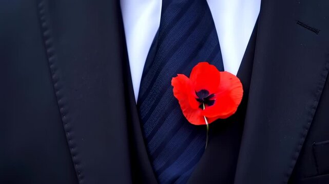 Man Attaches Red Poppy Symbol of Remembrance to Suit Lapel.