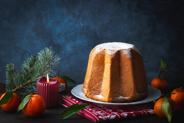Pandoro star, Christmas Venetian sweet bread in powdered sugar, the symbol of the snow-capped Alpine peaks. Christmas and New Year Italian holidays sweets
